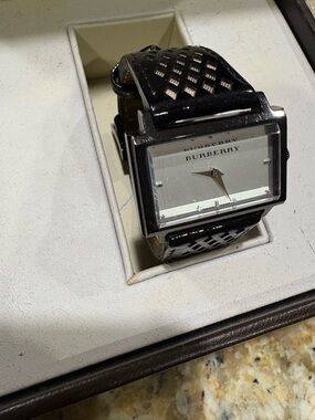 Burberry women’s Black Leather Strap Rectangle Watch